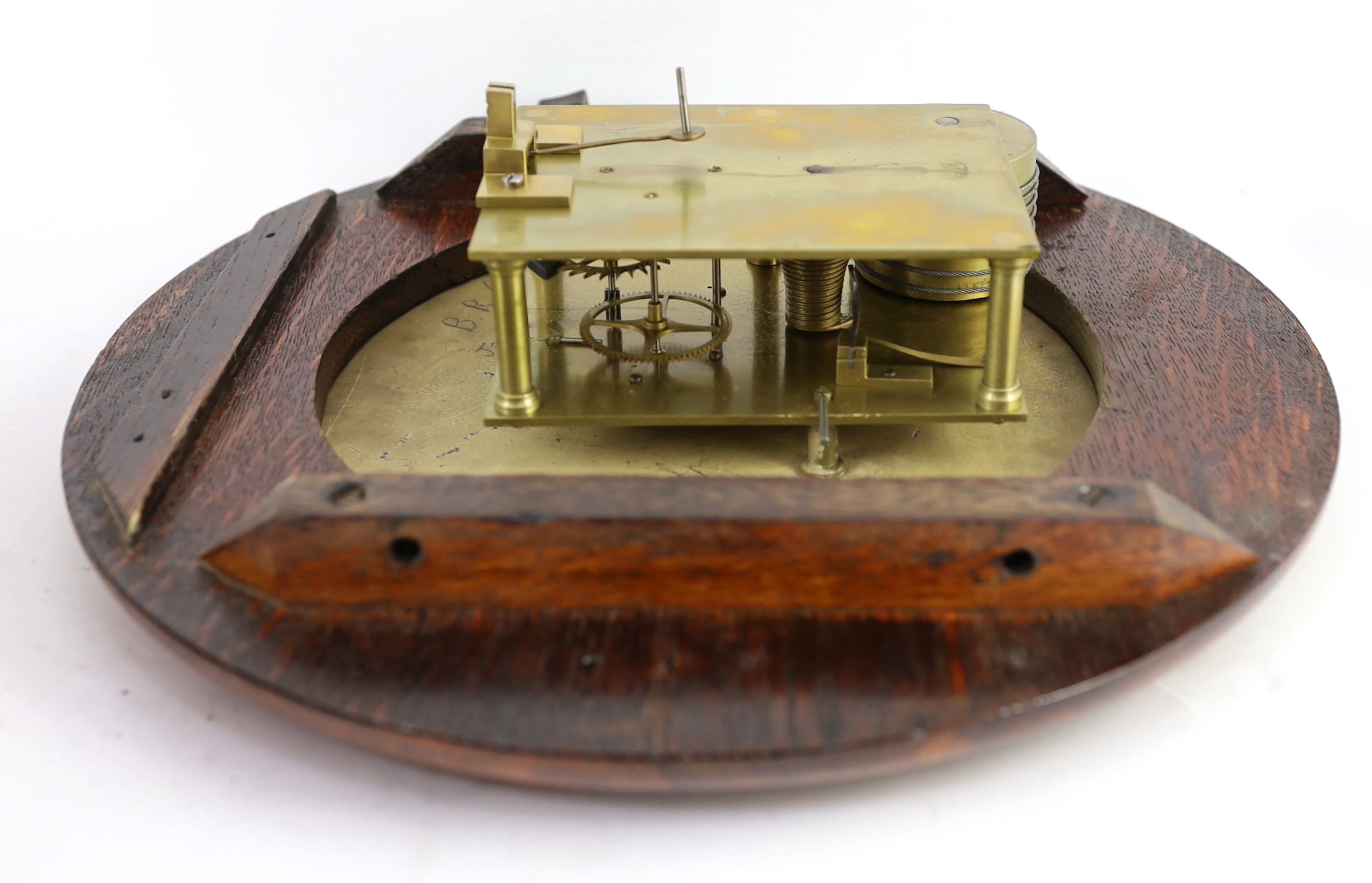 John Walker, South Milton St, London. An Edwardian oak cased drop dial wall timepiece with British Rail South inscription, width 37cm height 46cm